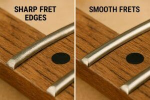 Fretboard close-up: sharp fret edges vs. smoothed frets → highlights comfort issues.