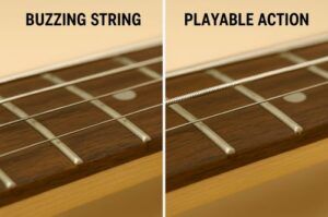 Side-by-side: one guitar with buzzing string vs. smooth, playable string action → ties back to fretwork/bridge setup.