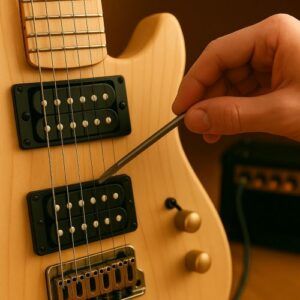 Builder tapping pickup pole with screwdriver while plugged into amp → demonstrates the pop-test.