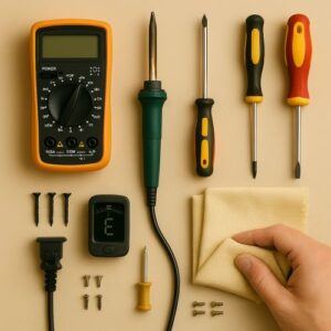 Flat lay of essential tools: multimeter, soldering iron, screwdrivers, cloth, screws, tuner → reinforces final prep.