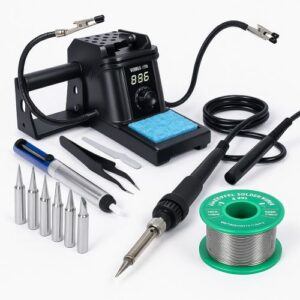Digital soldering station kit with temperature display, soldering iron, extra tips, solder sucker, tweezers, helping hands, and a spool of solder arranged on a clean white background.
