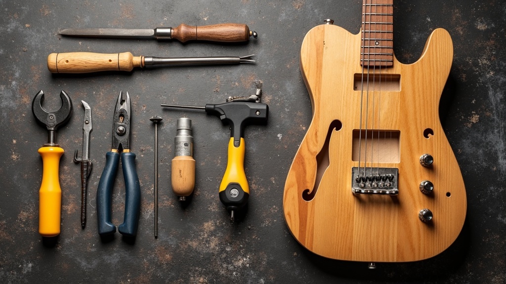 A flat lay of essential hand tools and electronics parts for building an electric guitar kit on a workbench next to an unfinished guitar body.