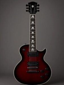 Electric guitar with skull inlays on a dark red burst finish, representing a bold custom fretboard design.