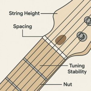 Simple labeled diagram showing a guitar headstock section — strings passing through nut to tuners, with callouts for “String Height,” “Spacing,” and “Tuning Stability.