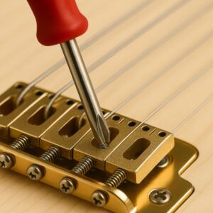Close-up of a screwdriver adjusting bridge saddles