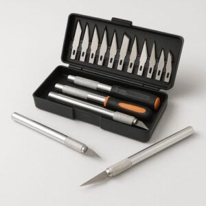 Studio-style photo of a 16-piece precision hobby knife set with an open black case displaying SK5 steel blades in the lid. Three knife handles in the base, including a silver metal handle and an orange/black rubber handle. One knife shown outside the case with a blade attached on a bright white background with a soft shadow.