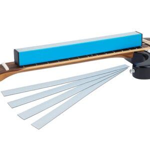 Blue Frautron 16-inch fret leveling beam resting across a guitar fretboard, with several silver sandpaper strips fanned out below on a clean white background.