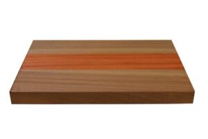 Padauk and Sapele 3-piece guitar body blank with an orange Padauk center strip, shown on a white background