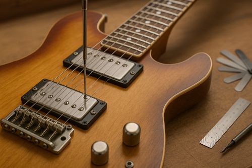 Close-up of an electric guitar on a workbench with a screwdriver adjusting the humbucker pickup height, surrounded by a feeler gauge and ruler in a warm luthier workspace.