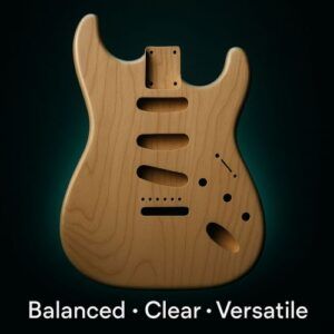 Close-up of an unfinished alder Stratocaster-style guitar body glowing softly with a teal halo against a dark background. The smooth wood grain and routed pickup cavities are clearly visible, with text below reading “Balanced • Clear • Versatile.