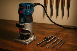 Bosch Colt palm router on a wooden workbench with several router bits arranged beside it.