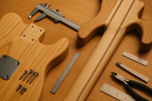 Warm close-up of two unfinished guitar bodies on a luthier workbench: a bolt-on neck pocket with screws and plate laid out beside it, and a neck-through body showing continuous wood grain. Calipers, ruler, and small straightedge arranged neatly under soft workshop lighting.