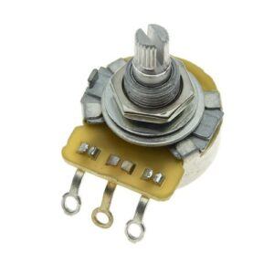 Close-up view of a CTS 500K guitar potentiometer showing the fine-spline shaft, mounting hardware, and three solder lugs on a clean white background.