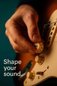 Close-up of a guitarist adjusting the tone knob, teal background and warm highlights.