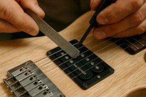 Close-up showing pickup height being adjusted with a feeler gauge for tone tuning.