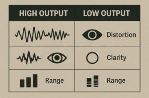 Visual chart comparing tone traits of high and low output guitar pickups.