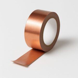Clean studio photo of a copper shielding tape roll with conductive adhesive, partially unrolled on a white background with a soft shadow.