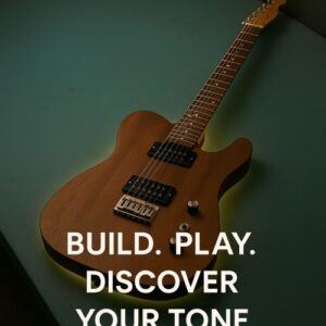 Completed DIY electric guitar resting on a teal workbench with a soft amber glow and overlay text reading ‘Build. Play. Discover Your Tone