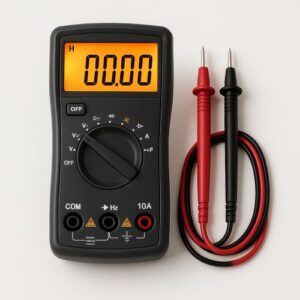 Clean studio photo of a digital multimeter with a bright backlit display and red/black test leads neatly placed beside it on a white background with a soft shadow.