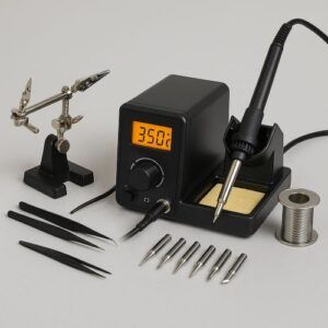 Studio-style photo of a digital soldering station with temperature display, soldering iron in its stand, soldering tips, tweezers, helping hands, and a roll of solder on a neutral light-gray background with a soft shadow.