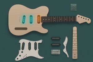 Electric guitar kit with pickups highlighted at neck, middle, and bridge positions, showing tone zones.