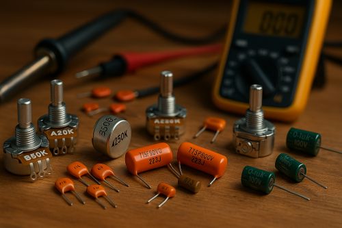 Close-up of guitar tone pots and capacitors on a workshop bench with a soldering iron and multimeter in the background.
