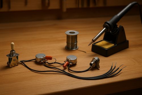 Warm workshop bench scene showing an electric guitar wiring harness laid out neatly with pots, capacitors, selector switch, stripped wires, a soldering iron in its stand, a roll of solder, and a damp sponge. No people or acoustic guitars visible.
