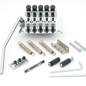 Chrome Floyd Rose–style tremolo system with bridge, tremolo arm, three springs, spring claw, mounting studs, locking nut, fine tuners, and hex wrenches laid out on a white background.