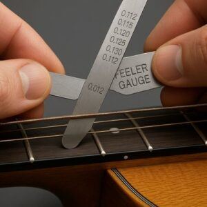 Feeler gauge measuring string height above the 12th-fret to set comfortable action.