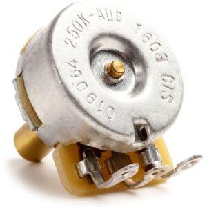 Close-up photo of a Fender Pure Vintage 250K solid shaft CTS potentiometer with metal housing, brass shaft, and solder lugs on a white background.