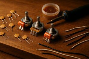 Three Bourns 250K short-shaft audio potentiometers for electric guitar tone and volume controls on a wooden workbench