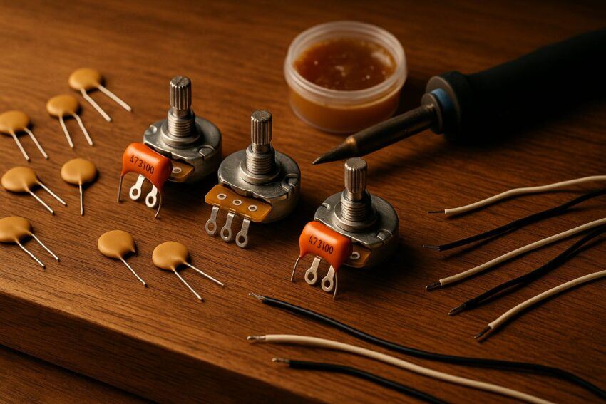 Warm close-up of electric guitar tone pots, orange drop capacitors, ceramic caps, wires, flux, and a soldering iron neatly arranged on a wooden workbench in soft workshop lighting.