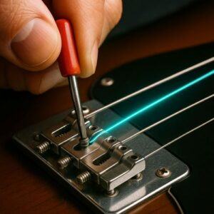 Luthier adjusting guitar saddle screw to correct intonation.