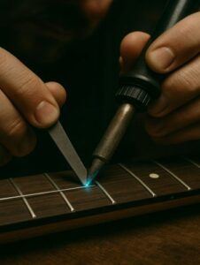 Luthier using a soldering iron and blade to heat and lift a fret safely without damaging the fretboard.