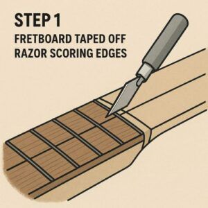 Illustration showing Step 1 of refretting: fretboard taped off while using a razor to score fret edges before removal.