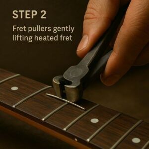 Close-up of luthier using fret pullers to gently remove a heated fret from a guitar neck during refretting.