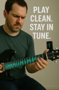 Guitarist testing tuning accuracy on freshly refretted guitar with tuner attached to headstock.