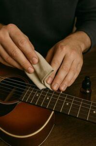 Guitarist wiping strings with a cloth after playing to prevent fret wear and corrosion.