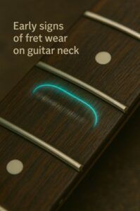 Macro photo showing early fret wear on a guitar neck highlighted in teal.