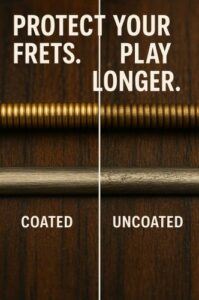 Side-by-side comparison of coated and uncoated guitar strings showing reduced fret wear with coated strings.