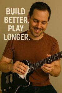 DIY builder admiring a freshly refretted electric guitar neck.