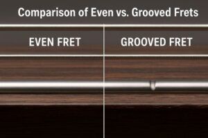 Side-by-side comparison showing an even fret versus a grooved fret, illustrating fret wear that affects sustain and tuning stability.