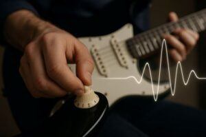 Guitarist adjusting tone knob to demonstrate tonal change.