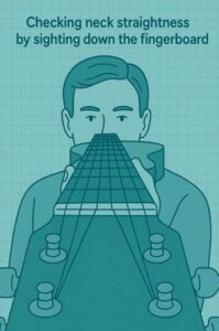 Checking neck straightness by sighting down the fingerboard.