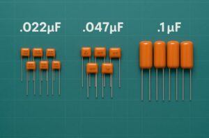 Assortment of tone capacitors and potentiometers for customizing guitar tone circuits.