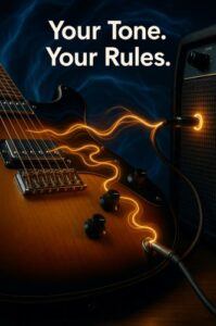Electric guitar glowing from tone controls to amp, symbolizing tonal control.