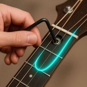 Adjusting truss rod using an Allen wrench at the headstock.