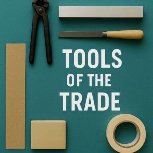 Flat-lay of guitar refretting tools including fret pullers, leveling beam, crowning file, and masking tape on teal background.