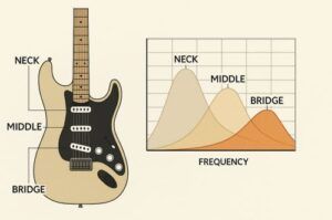 Infographic of guitar showing neck, middle, and bridge pickup positions and how they affect tone frequency.