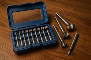 Open blue Forstner bit set on a wood workbench with several drill bits arranged beside the case.